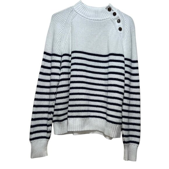 J.Crew Knit Sweater Women Medium White Blue Striped Nautical Fisherman Mock Neck - Picture 3 of 14